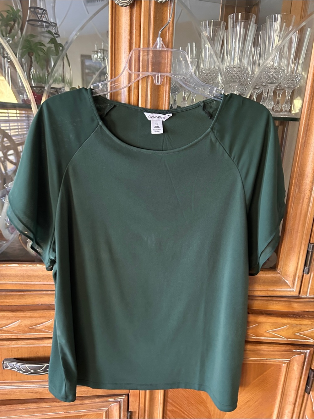 Calvin Klein Women’s Forest Green Short Sleeve Top with sheer sleeves